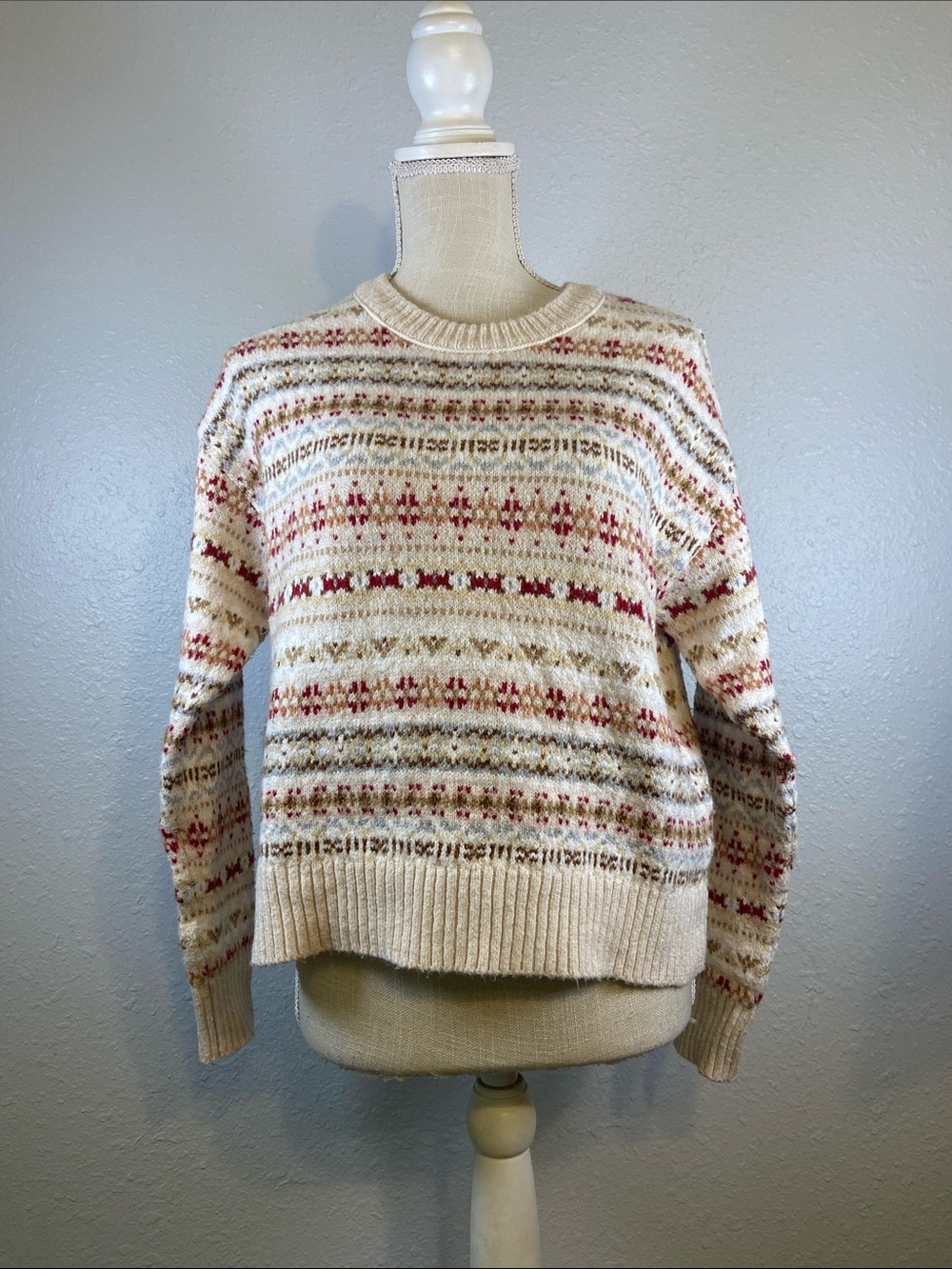 American Eagle Cream Fair Isle Fisherman Grandpa Coastal Knit Sweater Size XS